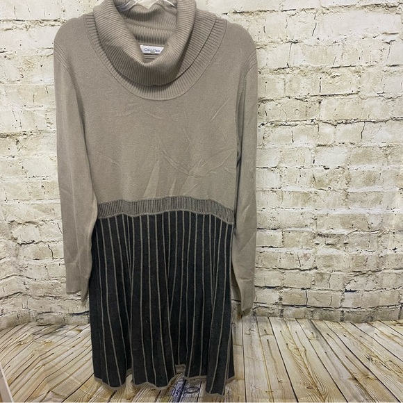 Calvin Klein Beige Charcoal Gray Stretch Cowl Neck Sweater Dress - Picture 1 of 6